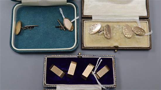 Three pairs of 9ct yellow gold cufflinks, approx 29g, boxed.